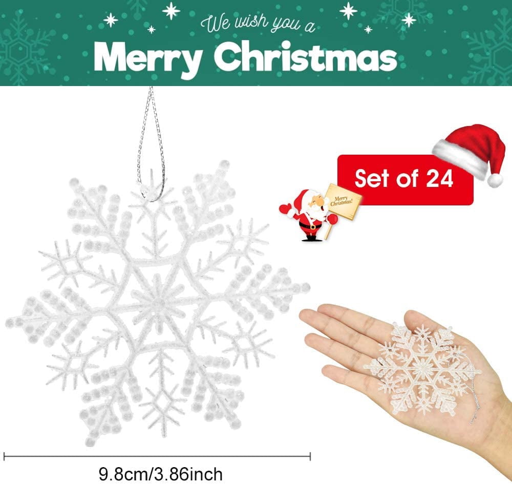 BUZIFU Christmas Snowflake,24 Piece White Glitter Snowflake,Snowflake Bauble Decorative Snowflakes with Cords,10cm Plastic Winter Snowflake Ornaments for Hotels,Ktv,Office Buildings