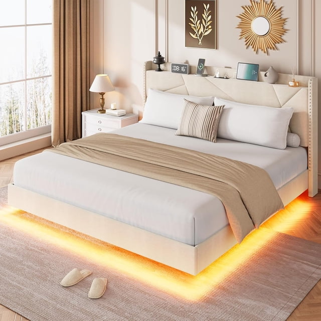 King Size Floating Bed Frame with RGB LED Lights and Charging Station, Upholstered Platform Bed with Storage Headboard and Button Tufted Design, No Box Spring Needed, Beige