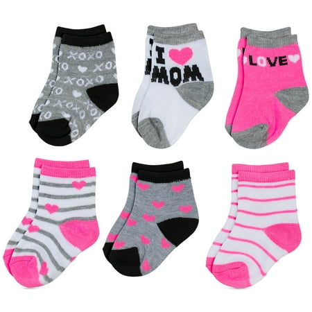 

Peak 2 Peak Unisex Infant Baby and Toddler 6-Pack assorted Ankle Socks - Designs and Colors(I Love Mom 12-24 Months)