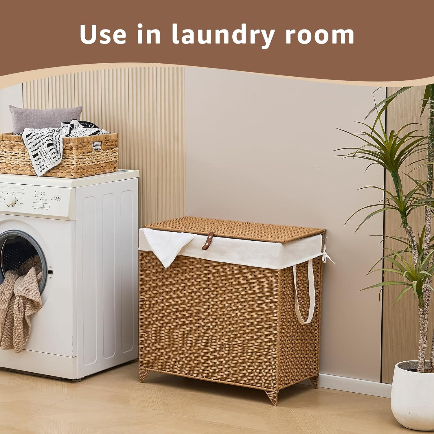 Casa Pura Furniture Adult Natural Hyacinth Wicker Heightened Feet Laundry Hamper with Lid & Removable Liner Bag, Brown