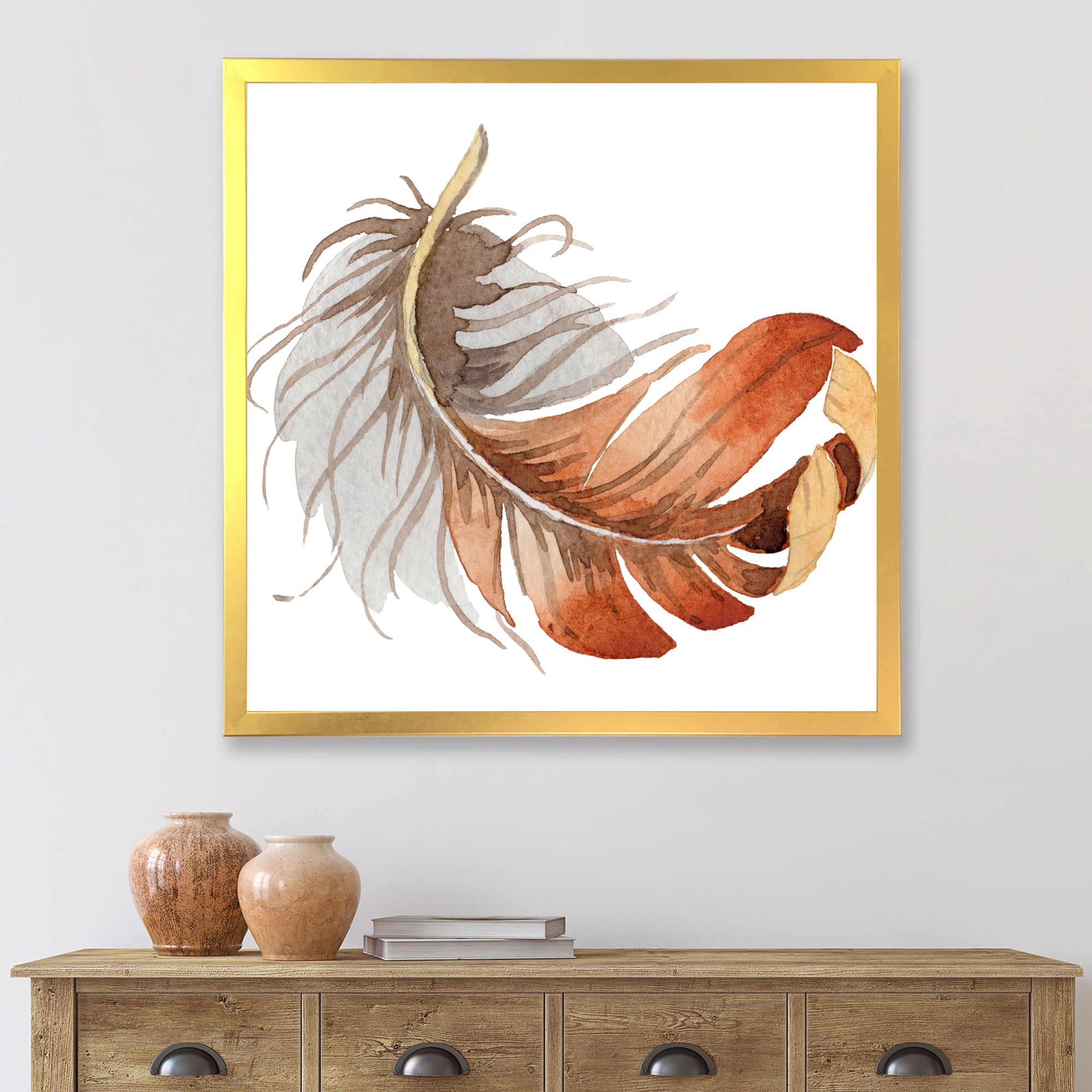 Designart 'Orange Ethnic Bird Feather On White' Bohemian & Eclectic Framed Art Print