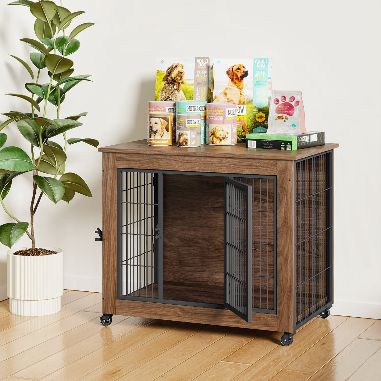 32.5" Dog Crate Furniture with Wheels for Small Dogs, Wooden Indoor Kennel with 2 Doors, Heavy Duty Metal Dog Cage End Table, Double Door Pet Crate, Brown