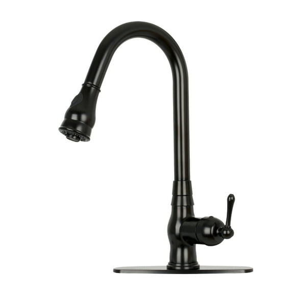 Akicon Pull Out Kitchen Faucet with Deck Plate, Single Level Solid Brass Kitchen Sink Faucets with Pull Down Sprayer - Matte Black