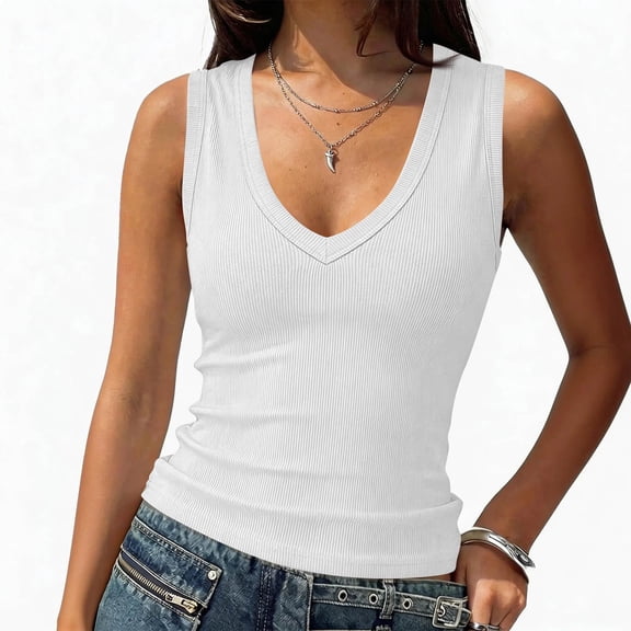 Womens Deep V Neck Tank Tops Sexy Casual Ribbed Fitted Sleeveless Going Out Tops 2026 Summer Fashion Shirts XL