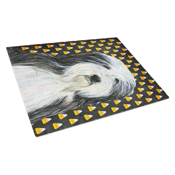 Caroline's Treasures Bearded Collie Candy Corn Halloween Portrait Glass Cutting Board Large