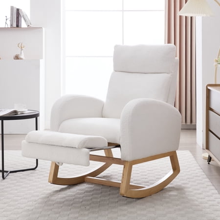 Noble House Arlais Teddy Nursery Rocking Chair with Adjustable Footrest, Comfortable Accent Glider Daybed, White