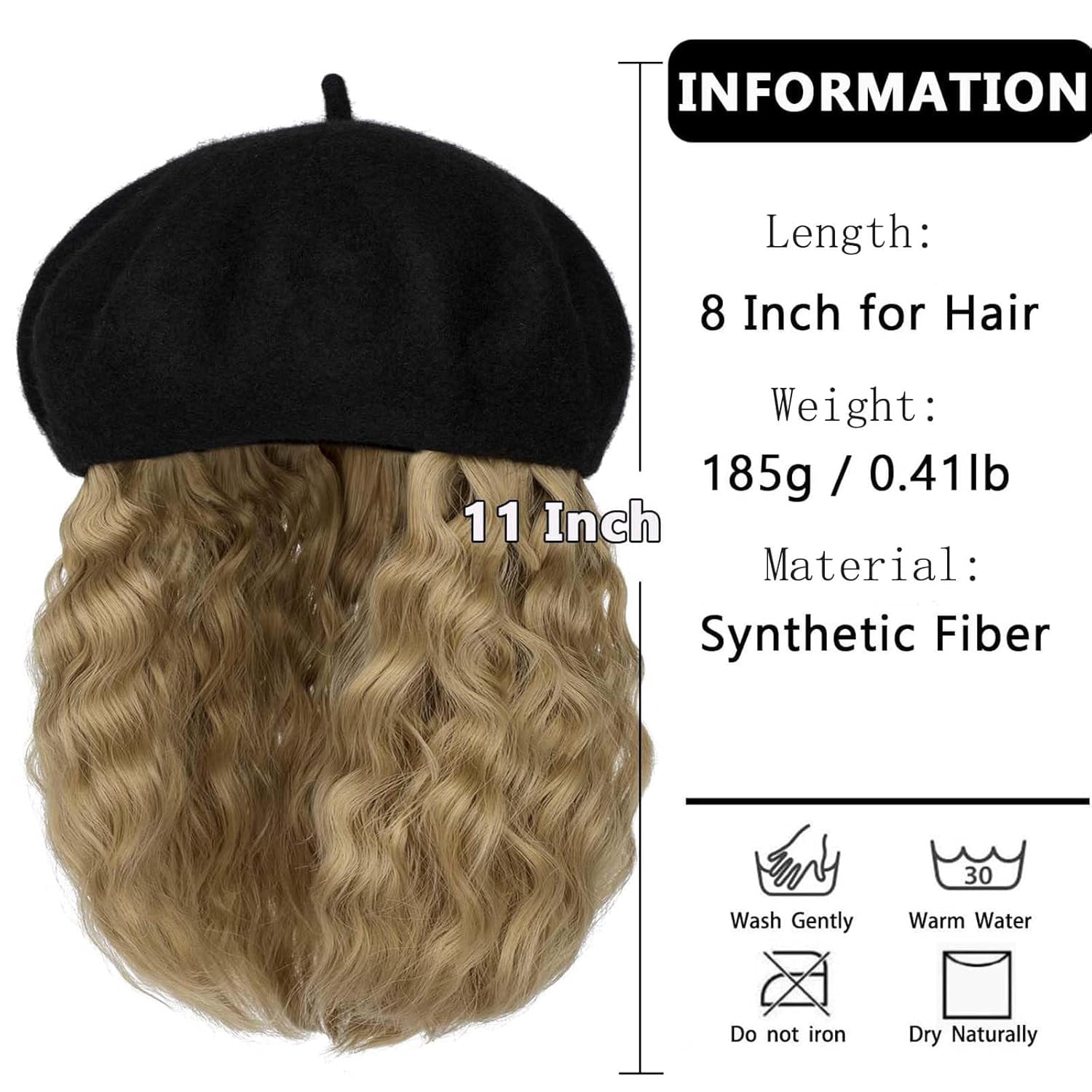 YEKEYI Wig Hat Wool Berets Extensions Stretchable Solid Cap Attached with Hair Curly Bob Synthetic Hairpiece Cap