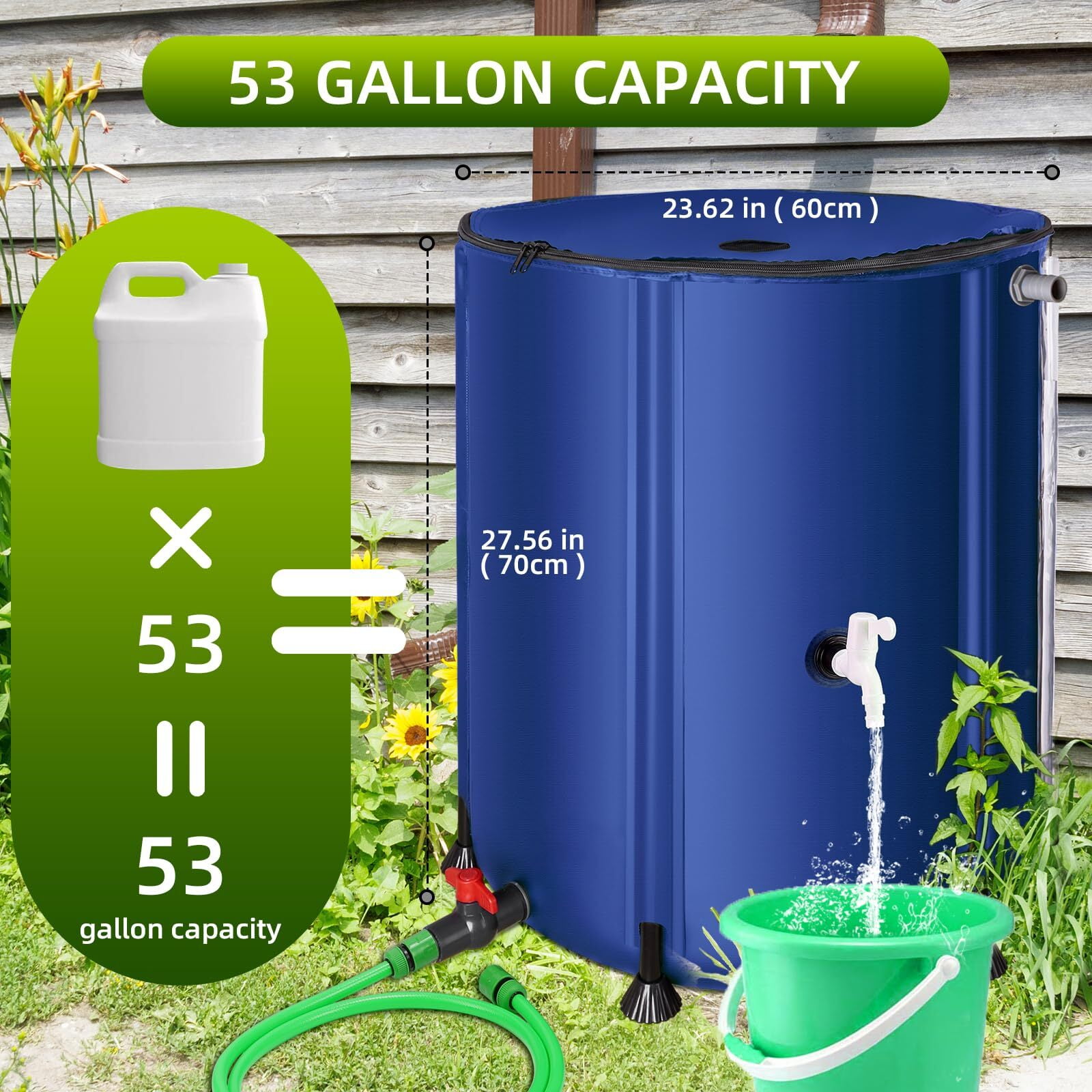 Collapsible Rain Barrel 53 Gallon Rainwater Collection Storage Tank with Garden Hose, Blue