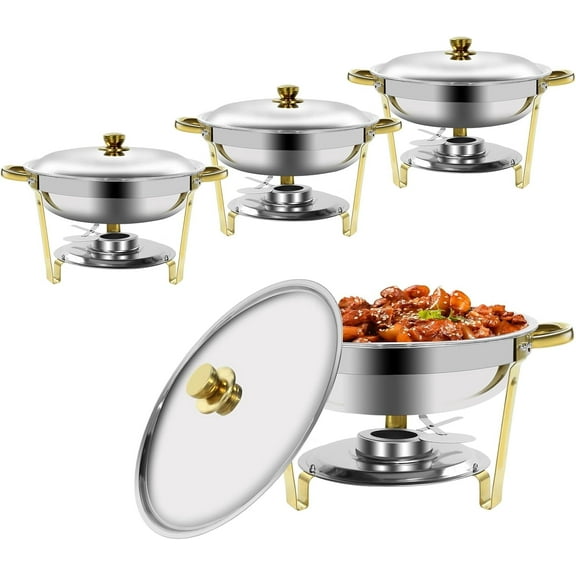 Jacgood 5Qt Chafing Dish for Buffet Set, 4 Pack Catering Food Warmers, Round Dishes Stainless Steel with Lid, for Dinners
