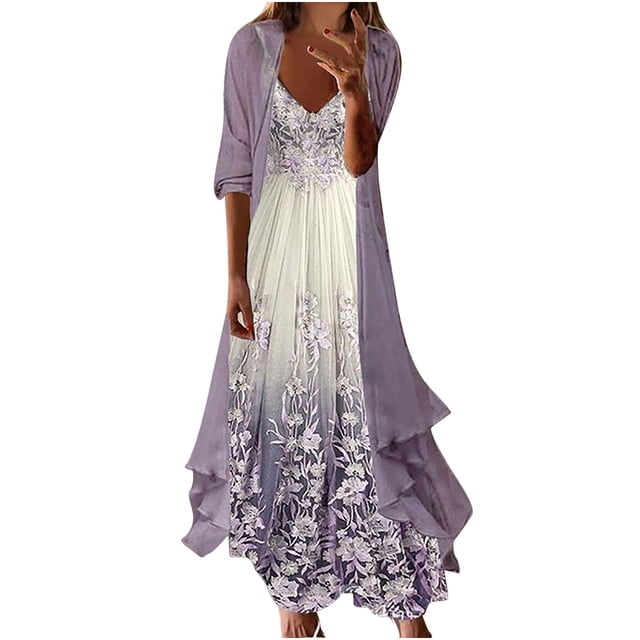 Vestido Bohemio Floral Bata + Vestido Conjunto de Dos Piezas Cami Vestido Mujer Verano Manga Larga Bata + Vestido Conjunto de Dos Piezas Vestido Largo Vestido Largo de Playa Odeerbi ODB116753