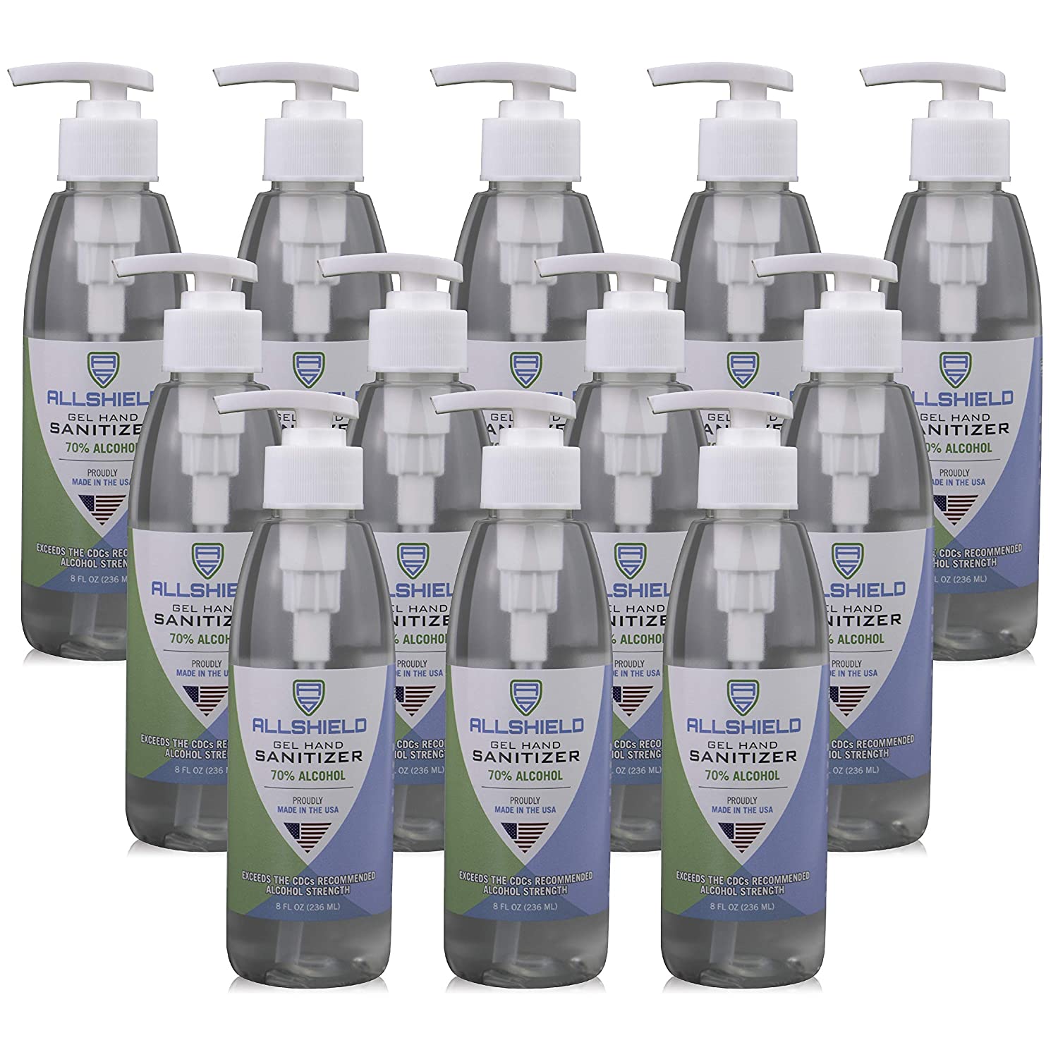 AllShield Gel Hand Sanitizer 70 Alcohol Made in USA (12 Pack 8 oz