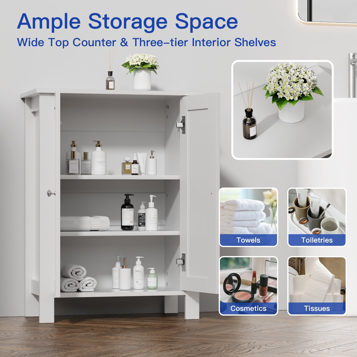 ASJMR Farmhouse Bathroom Floor Cabinet with 2 Doors, Modern Storage Freestanding Organizer Cabinet with Adjustable Shelves, Small Bathroom Cabinet for Kitchen/Bathroom/Living Room, White
