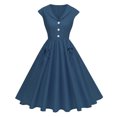 thumbnail image 2 of Women's 1950s Vintage Dress Cap Sleeve Button Collared Midi Dress with Pockets Flowy Casual Cocktail Dresses Navy L, 2 of 8