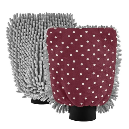 Microfiber Car Wash Gloves With Chenille & Polyester Terry Scratch-Free Cleaning Elastic Cuffs Burgundy Polka Dot