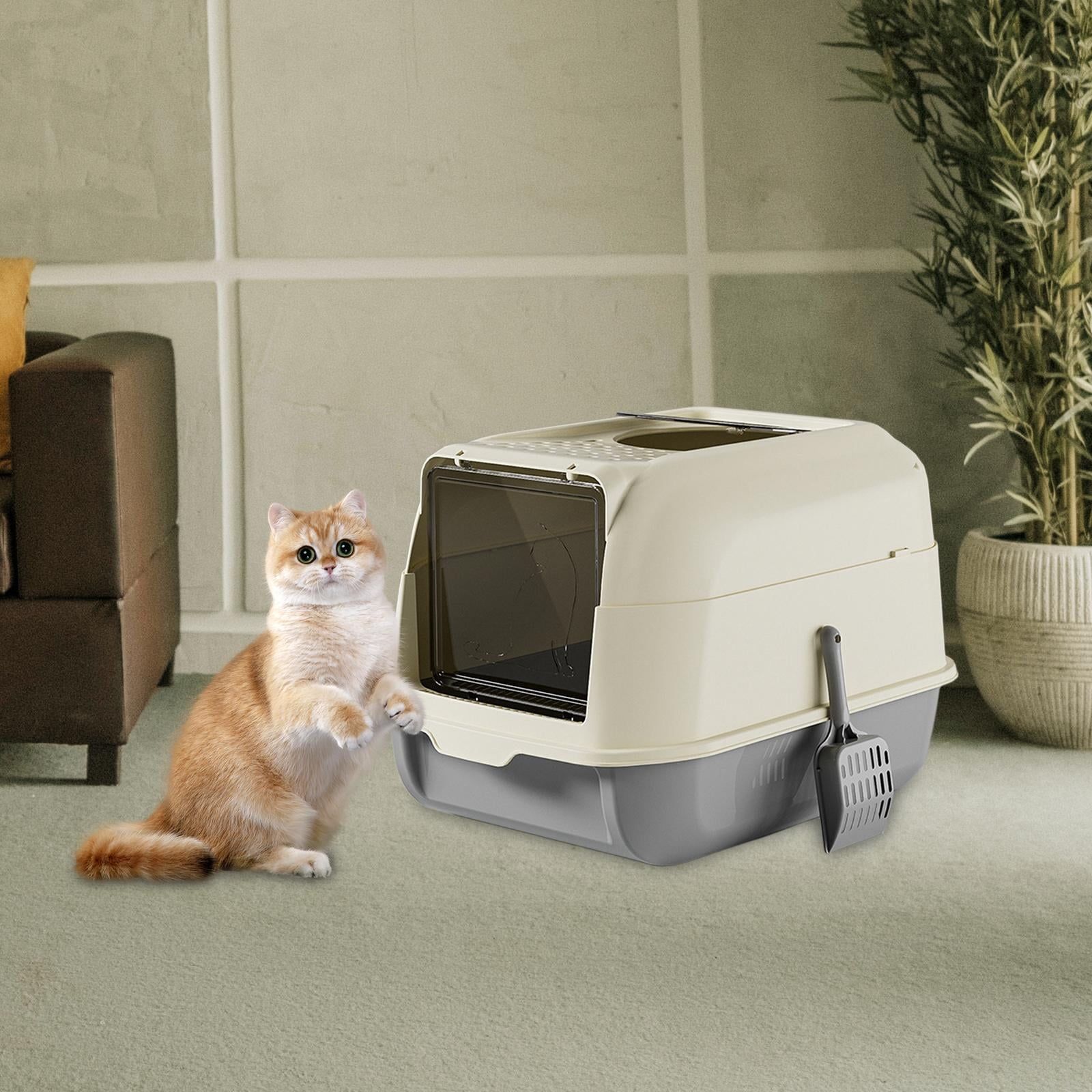 Cat Litter Box with Lid Covered Large with Scooper Fully Enclosed Litter Pan Gray