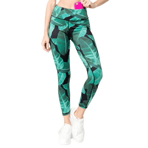 Women's High Rise Plant/Flower Printed Activewear Leggings - Palm Leaf Print, S