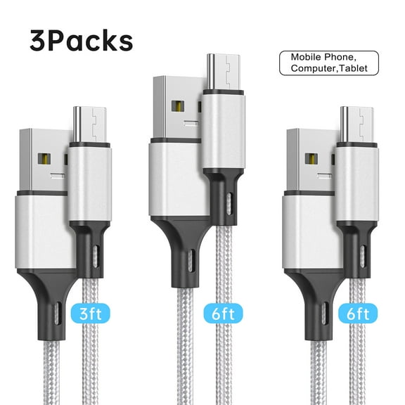 Cshidworld USB C Cable 2.4A Fast Charging Cable, 3Pack 3/6/6 FT, Premium Nylon Fast Charging Cables,Compatible with iPhone 15 Samsung Galaxy Note 10/10 Plus/9/8, S20 S10 S9 S8 Plus,Silver