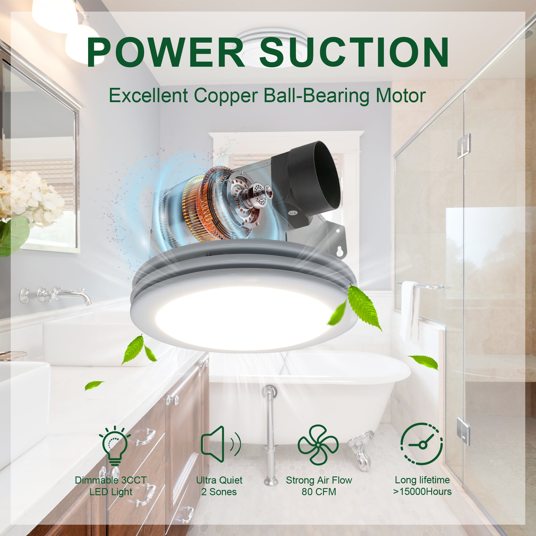 Akicon Exhaust Fan, 80CFM 2.0 Sones Bathroom Exhaust Fan with Light, Upgrated Bthroom Fan with Dimmable 3CCT LED and Acrylic Light Cover, Bath Ventilation Fan for Home, Round, Stain White