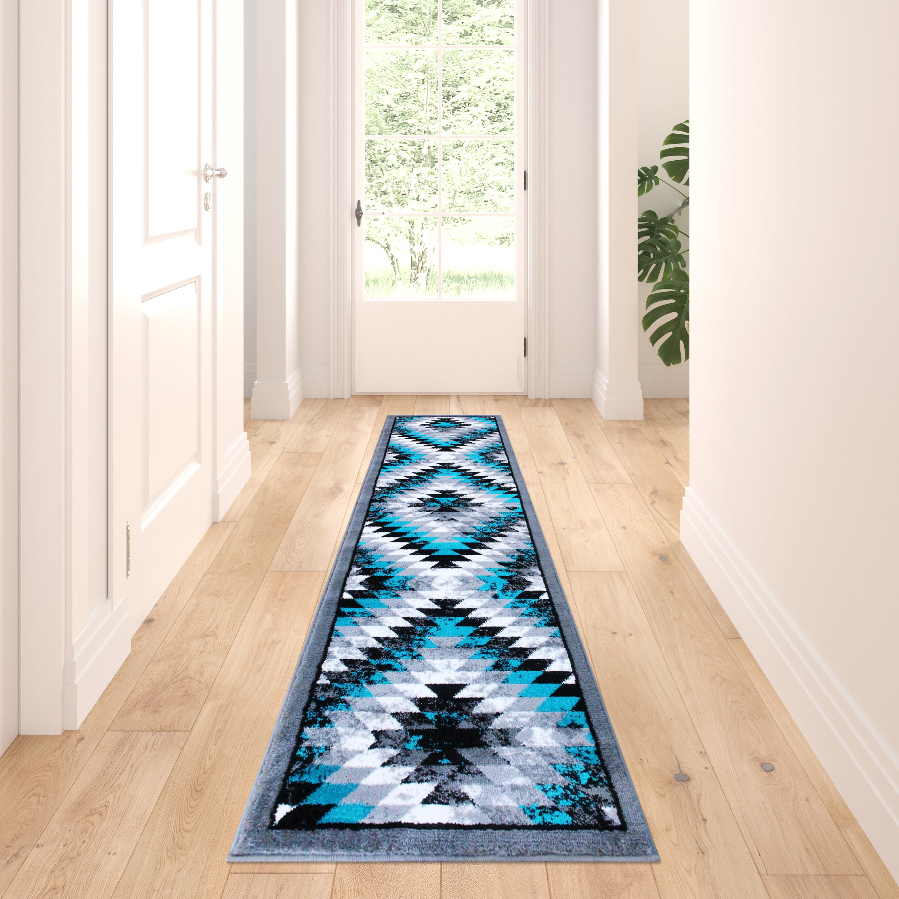 Masada Stephanie Collection Area Rug - Modern Runner, 2'4" X 11', Turquoise/Grey/White/Black