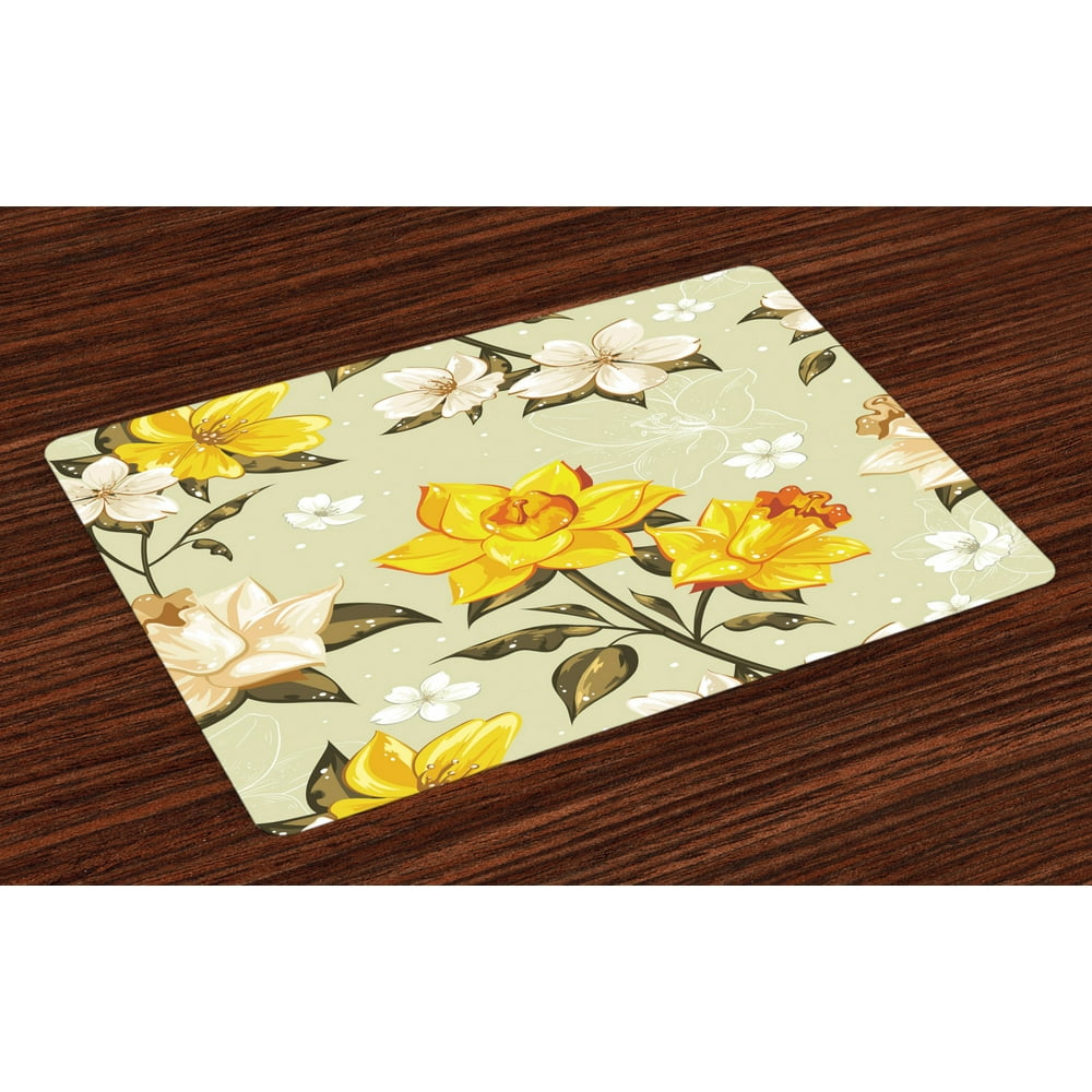 Flower Placemats Set of 4 Classy Spring Floral Narcissus Branch Pattern