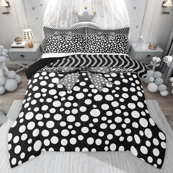 jejeloiu Dots Print Bowknot Twin Comforter Sets,White Black Bedding Set For Girls Reversible 2 Pieces