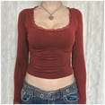 thumbnail image 5 of Women's Long Sleeve T Shirt Spliced Lace Neck Crop Design for Everyday Wear, 5 of 7