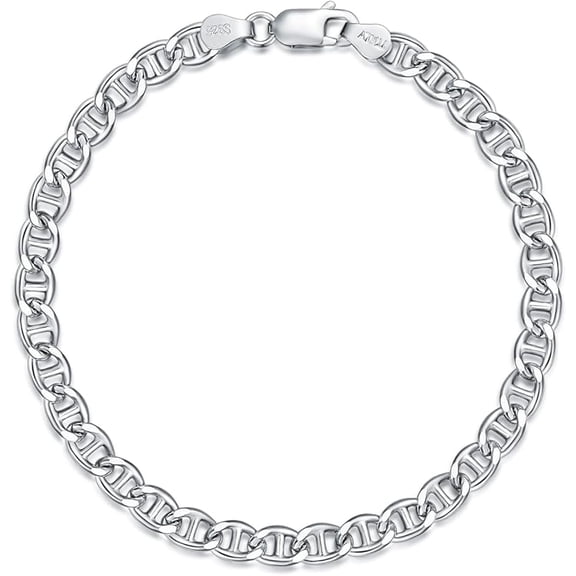 Solid 925 Sterling Silver 4MM Mariner Chain Bracelet for Men Women,with Lobster Claw Clasp,Made in Italy 6.5/7/7.5/8 Inch
