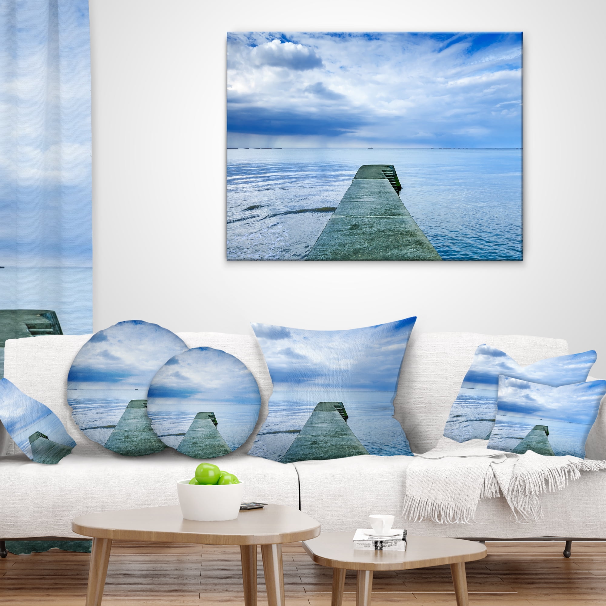 Designart Concrete Pier Under Cloudy Sky - Seascape Throw Pillow - 16x16