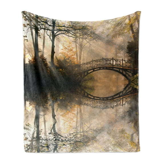 Landscape Soft Flannel Fleece Throw Blanket, Idyllic Early Morning View Bridge over a River in the Middle of a Misty Forest, Cozy Plush for Indoor and Outdoor Use, 50" x 70", Multicolor, by Ambesonne