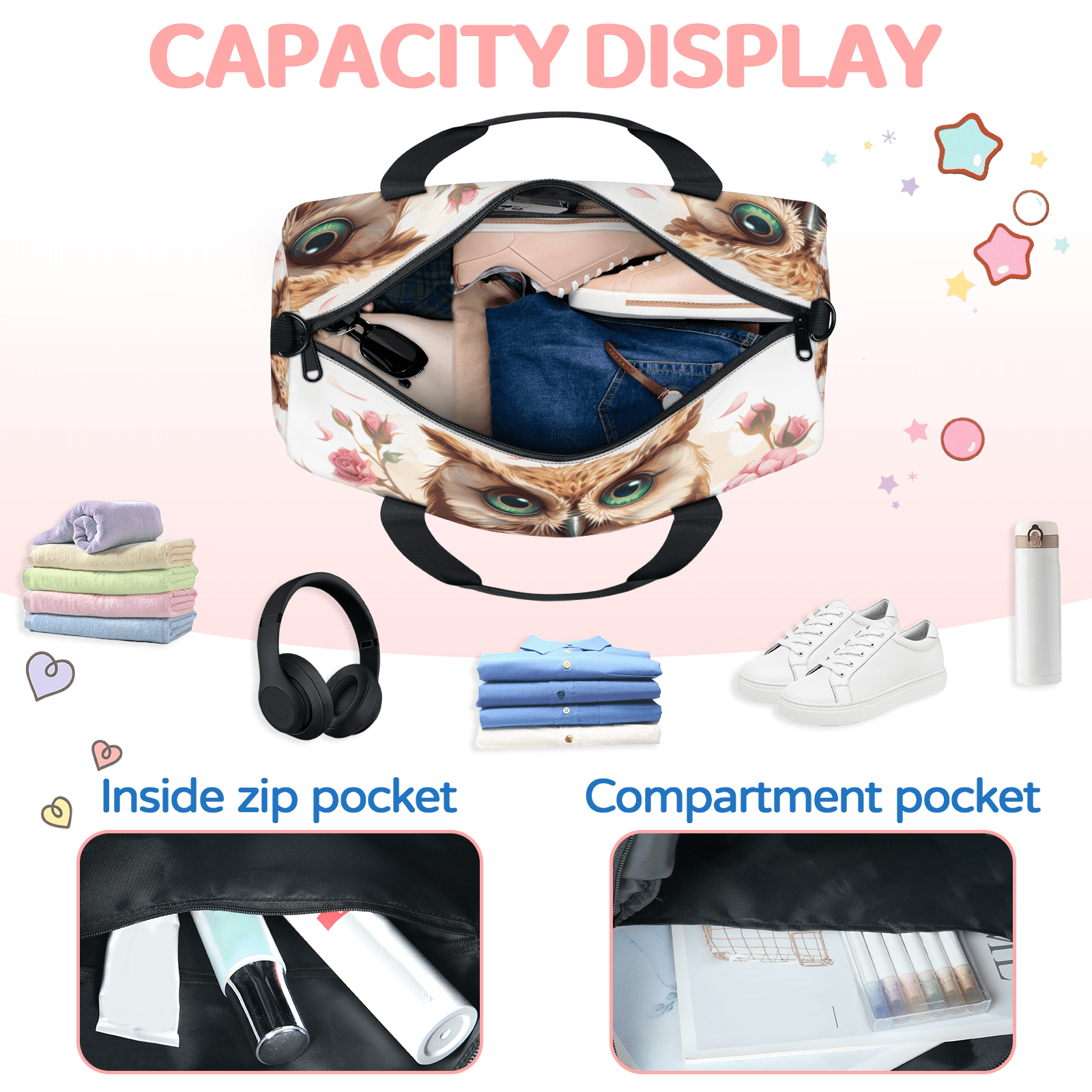 Herdesigns Cartoon Owl Travel Duffle Bag Sports Yoga Weekender Overnight Carry on Workout Bags Lightweight Waterproof Gym Tote Bag for Women Cute Animal