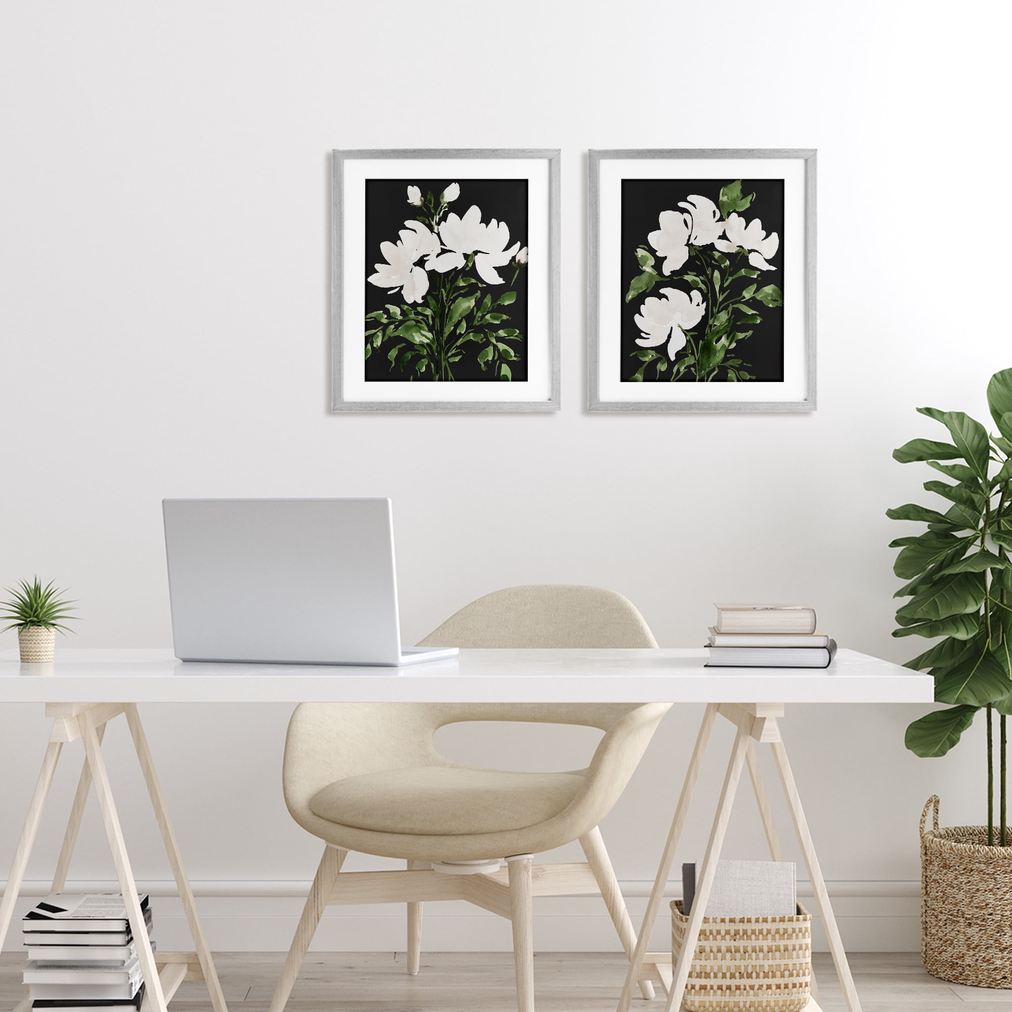 Stupell Industries White On Black Blooms 2 Piece Gray Framed Print Under Glass Set, design by Lucille Price