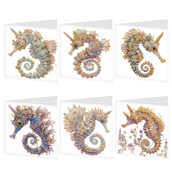 6pcs Diamond Art Painting Set Greeting Card, Hippocampus 5D DIY Special Shape Diamond Greeting Card Creative Gifts, Christmas Thanksgiving Greeting Card Congratulation