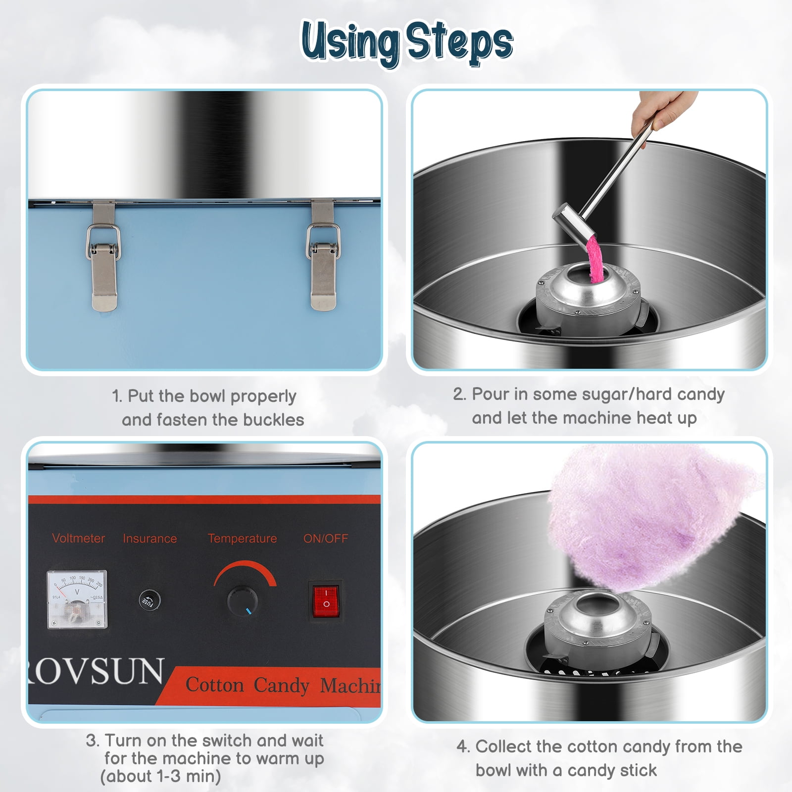 ROVSUN Cotton Candy Machine with Cart Stainless Steel, 21 Inch Electric Cotton Candy Maker Candy Floss Maker w/Sugar Scoop and Large Storage Drawer for Commercial Home Party Carnival, Blue