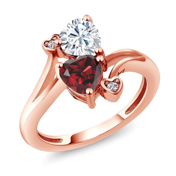 Gem Stone King 18K Rose Gold Plated Silver White Moissanite Red Garnet and White Lab Grown Diamond Ring for Women (1.83 Cttw, Heart Shape 6MM, Gemstone Birthstone, Size 8)