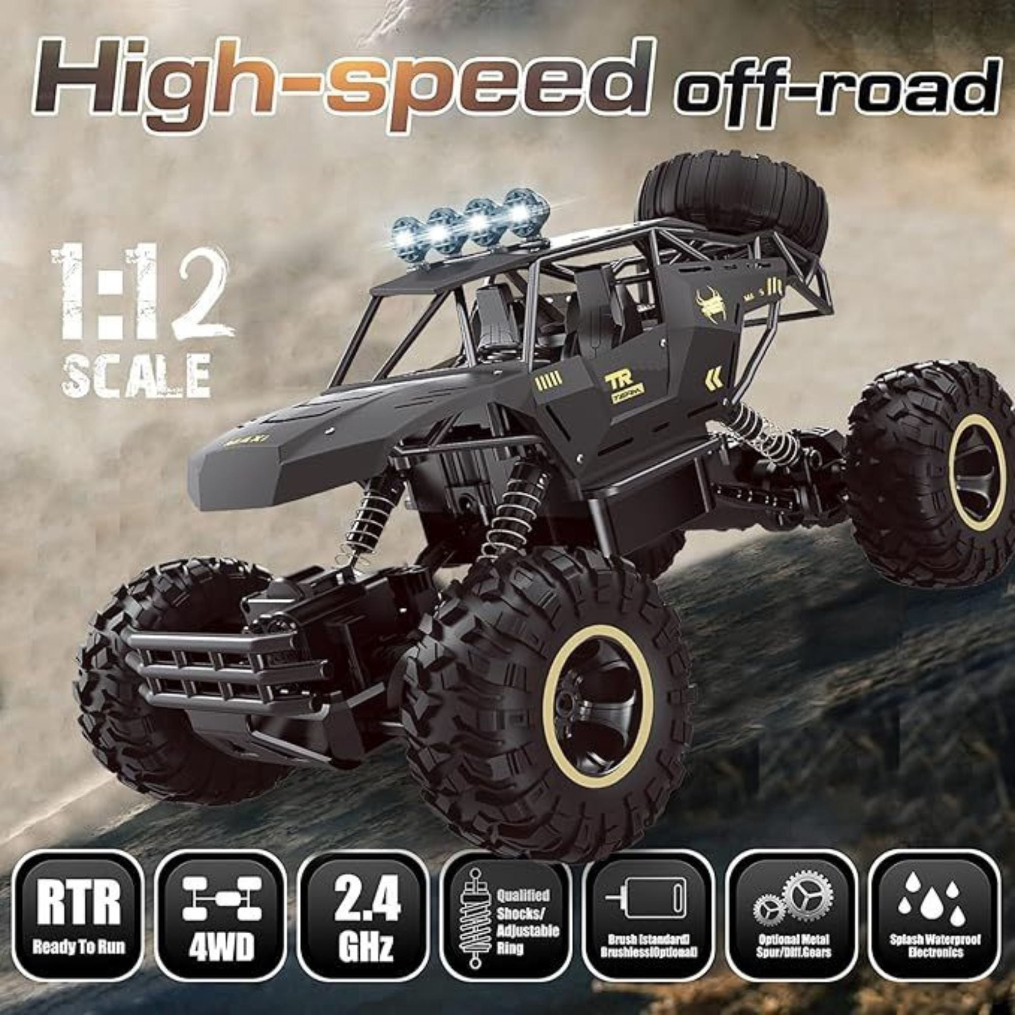 RC Rock Crawler Monster Truck 1:12 Scale 4WD Remote Control Car with 2 Batteries