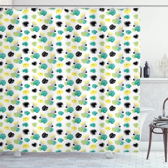 Yellow Bird Shower Curtain, Hawaii Aloha Inspired Pattern with Monstera Leaves Parrots and Flowers, Fabric Bathroom Set with Hooks, 69W X 75L Inches Long, Multicolor, by Ambesonne