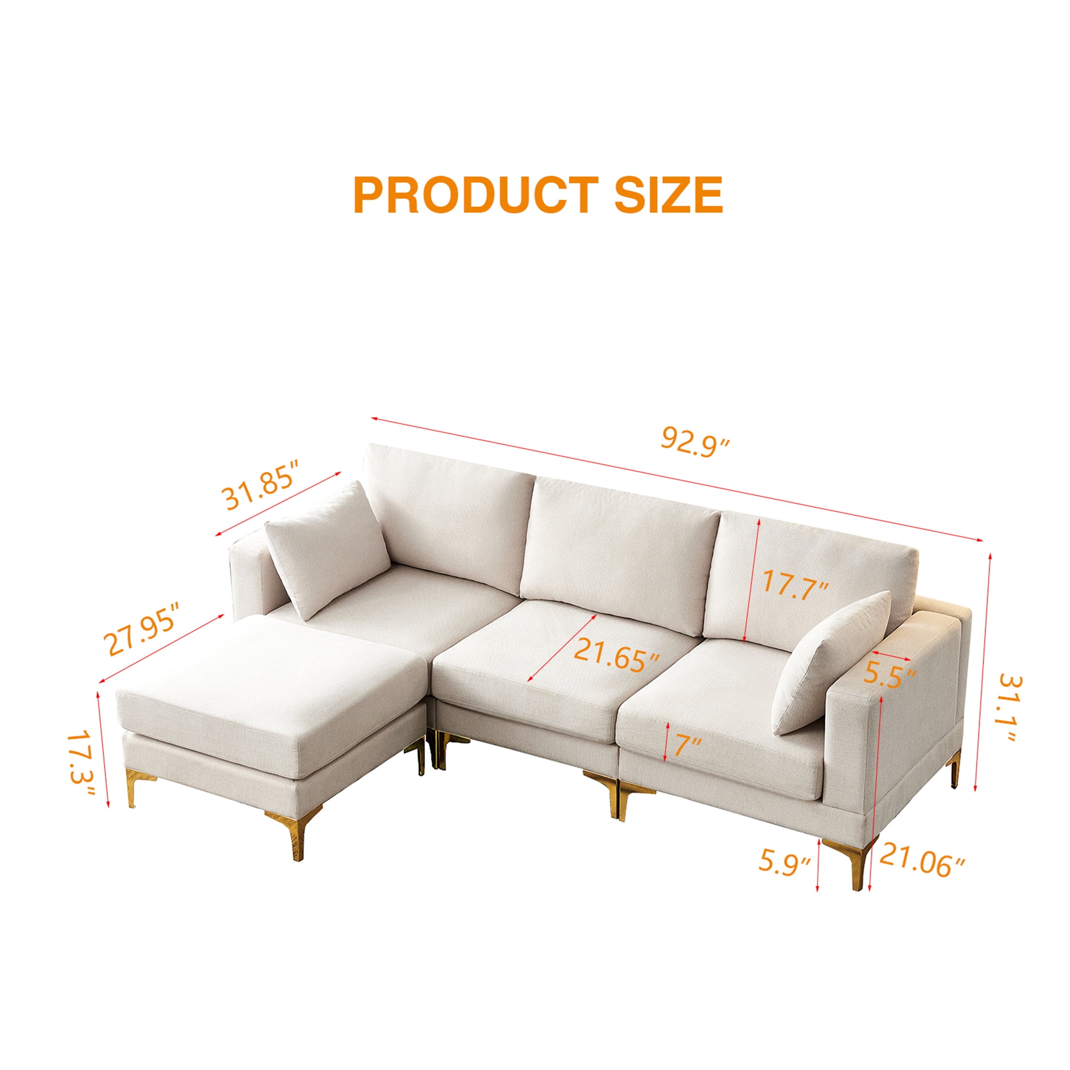 Aukfa 3-Piece Living Room Sectional Couch, Loveseat, Sofa Chair, Ottoman, 2 Pillows, Beige