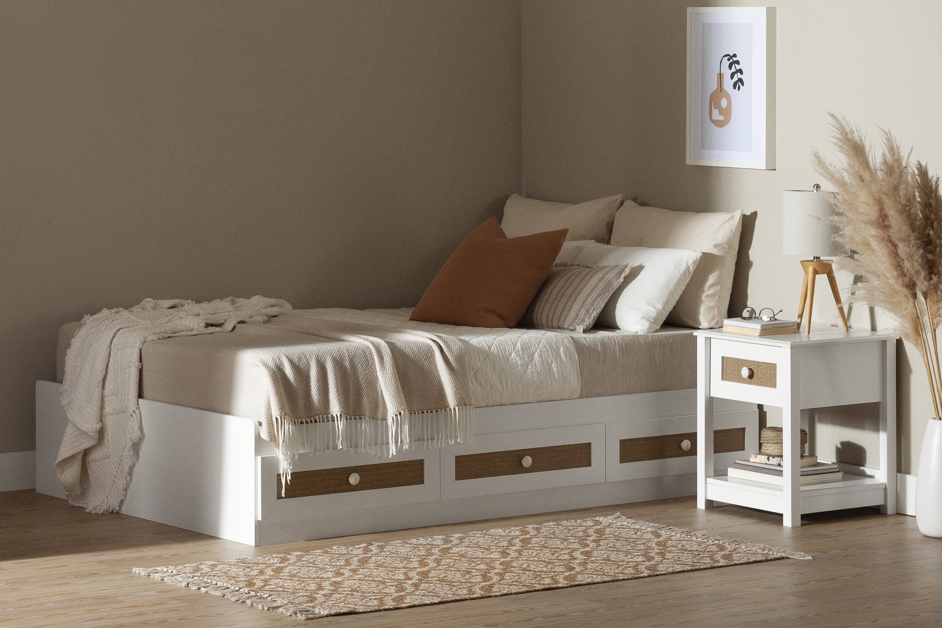 South Shore Hoya, Bohemian Harmony Full Mates Bed with 3 Drawers, White and Faux Printed Rattan