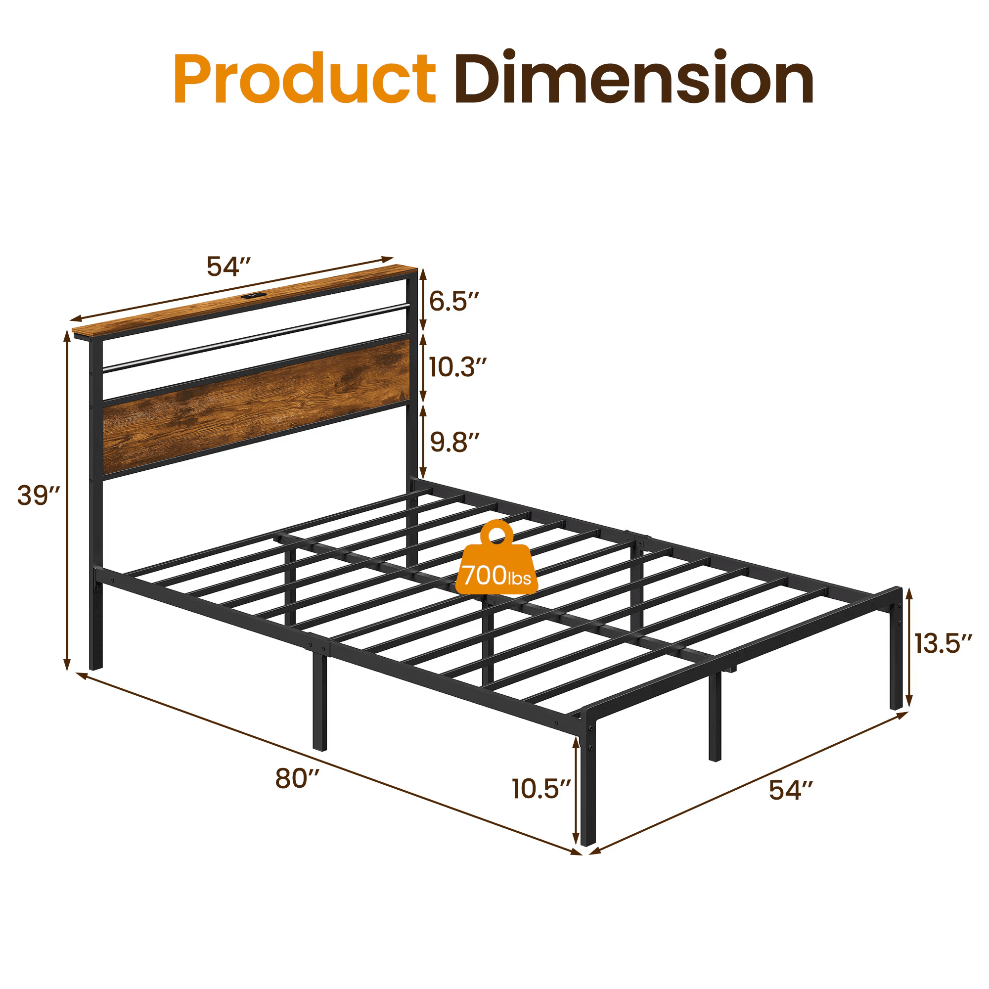 Mintazer Full Size Metal Platform Bed Frame with Upholstered Headboard & Charging Station, No Box Spring Needed, Brown