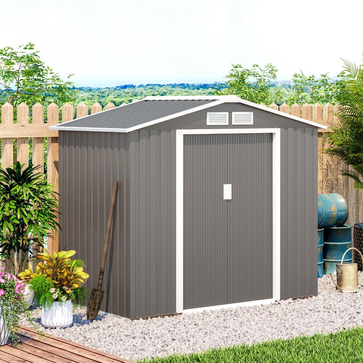 Outsunny 7' x 4' Storage Shed Garden Tool House w/ Vents Doors Gray