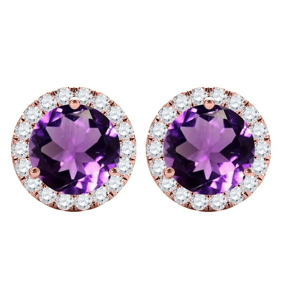 Aone Jewelry 1.95 Ct Round Amethyst & Natural Diamond Stud Earrings for Women in 10K Rose Gold – 6MM Gemstone, Push Back Studs