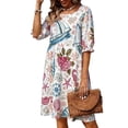 thumbnail image 1 of Vestido de Verano Floral Azul Impresión de Vacaciones de las Mujeres Suelto Cuello Redondo Vestido de Manga de Tres Cuartos, Manga de Puff Cambio Casual, 1 of 6