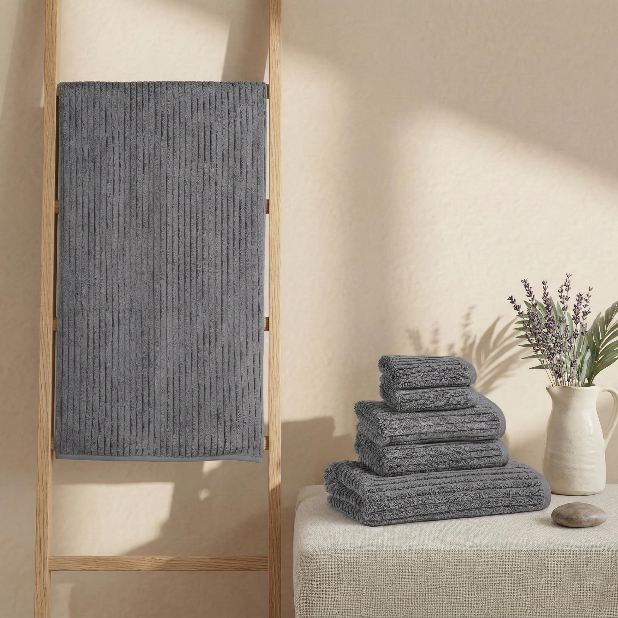 Bioweaves 100% Organic Cotton 700 GSM Luxury Ribbed Bath Towel Set for Bathroom 30" x 58" GOTS Certified - Pewter, Pack of 2