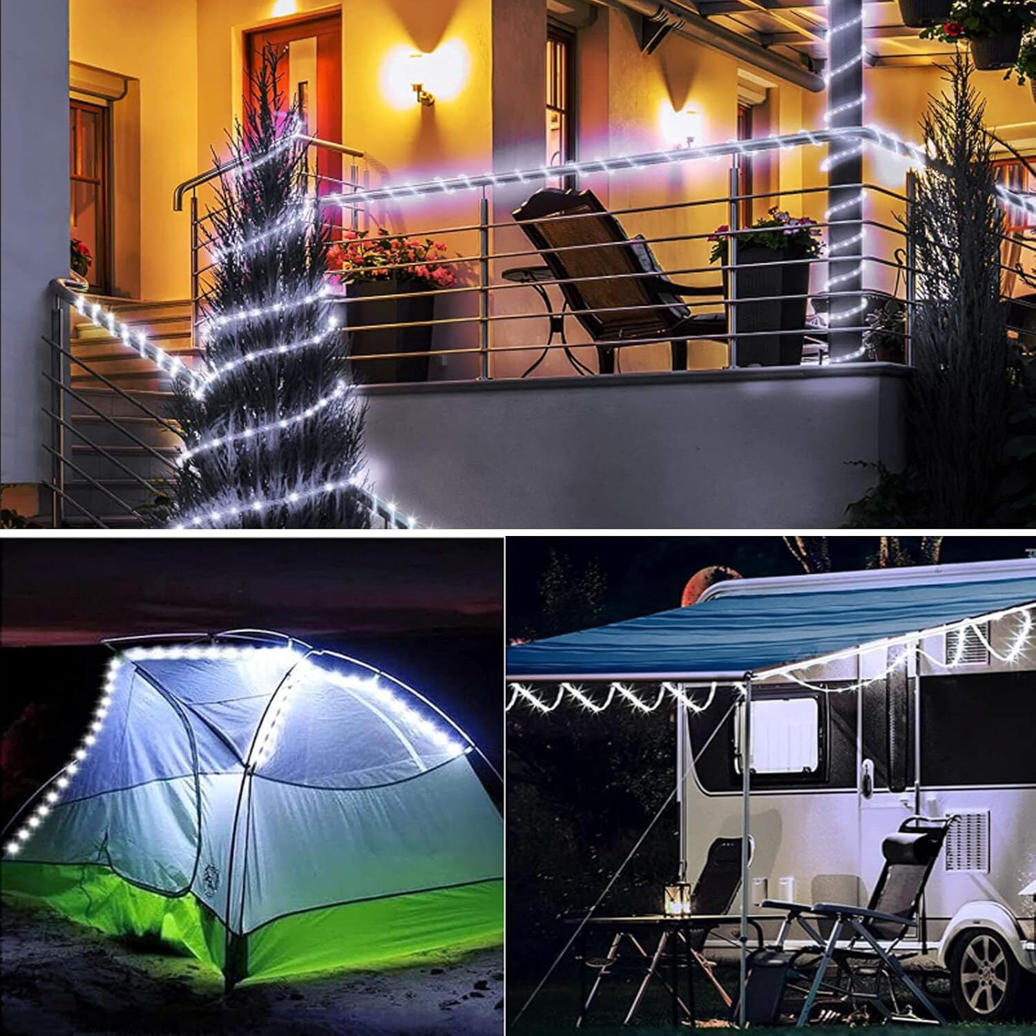 GoXteam Solar Rope Lights Outdoor IP65 Waterproof, 39FT 100LED Outdoor String Lights 8 Modes Trampoline Lights for Pool Tree Garden Yard Home Camping Wedding Holiday Decor, White