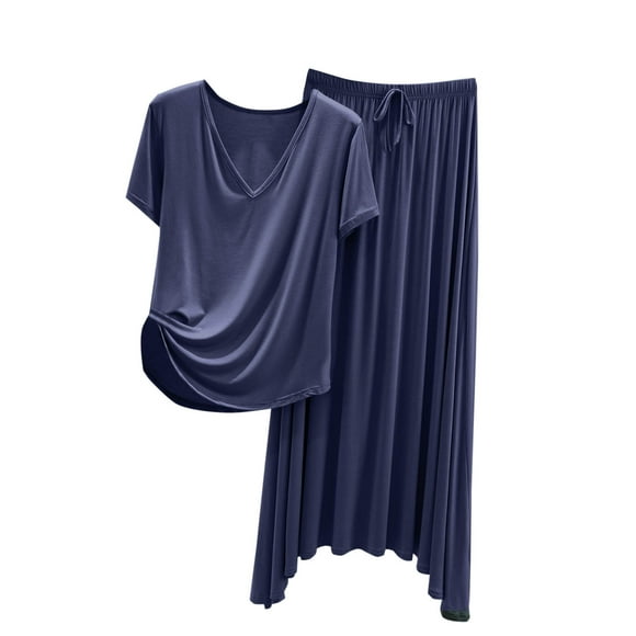 HUJlwoi Pajama Sets for Women Modal Short Sleeve Tops Lounge Pj Sets with Long Skirts V-Neck Loose Fit Soft Sleepwear for Ladies