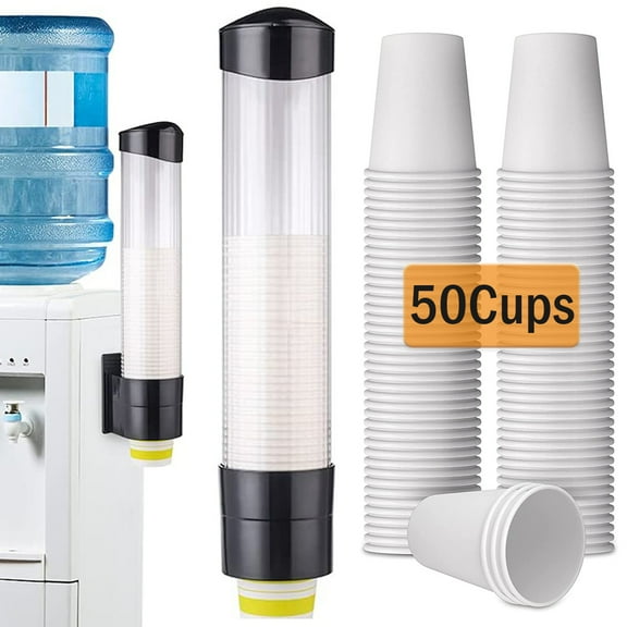 Cup Dispenser with 50 Disposable Cups, Water Cooler, Cup Holder for 7oz Cone or Flat Bottom, Wall Mount, Black