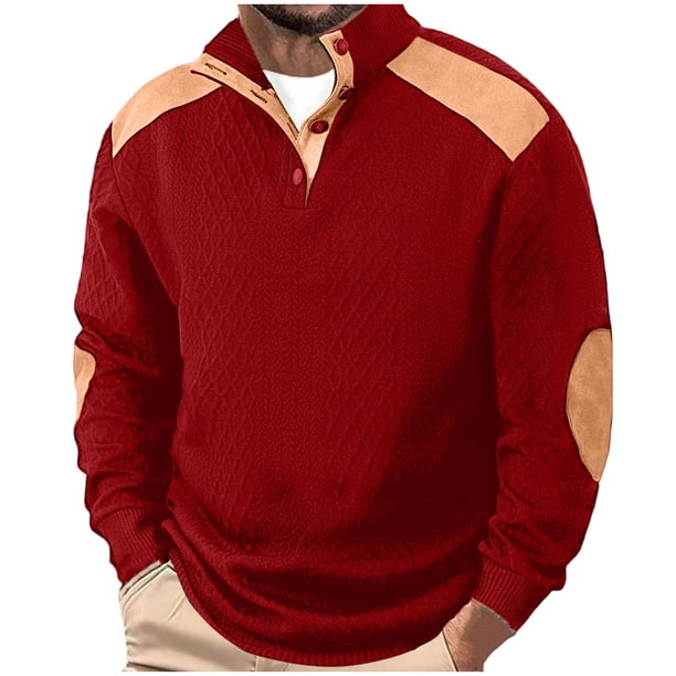 Kalauyu Mens Warm Sweatshirt Casual Textured Stand Collar Quarter Fall Metal Button Pullover Sweaters Long Sleeve with Pockets