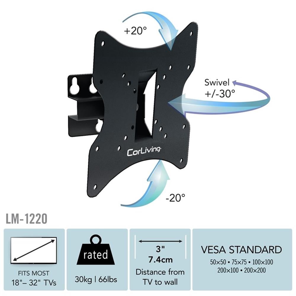 CorLiving TV Tilt Swivel Wall Mount for 10" - 32" TVs