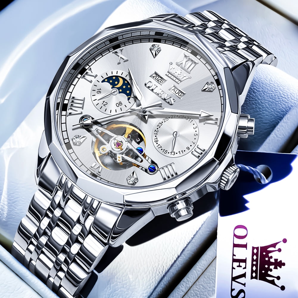 OLEVS Automatic Watches for Men Self Winding Mechanical Skeleton Luxury Dress Chronograph Gold Plated Stainless Steel Calendar Moon Phase Waterproof Luminous Mens Wrist Watches Reloj Para Hombre