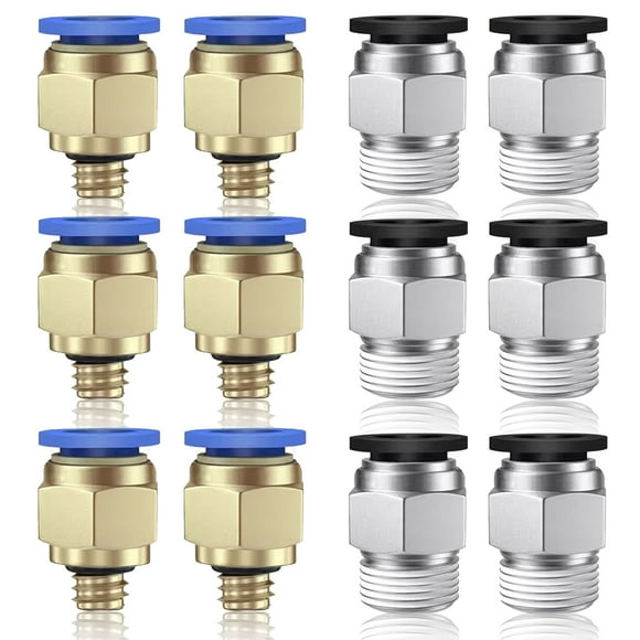 Conectores neumáticos rectos macho rápidos, 12 piezas, negro y azul, PC4-M5/01, acoplamiento rápido neumático de PTFE para insertar mangueras (M5/G1/8" x 4 mm)